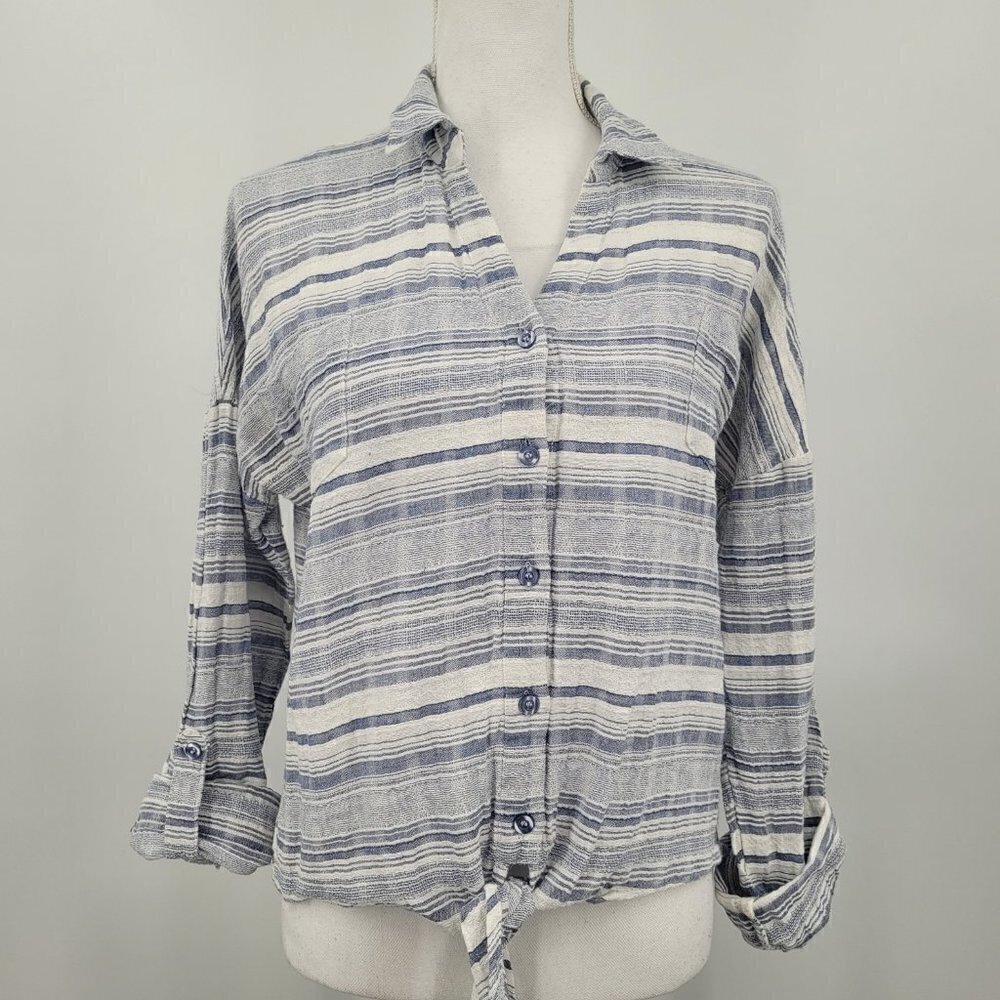 Blu-Pepper Gauze Striped Crochet Back Tie Front Top
